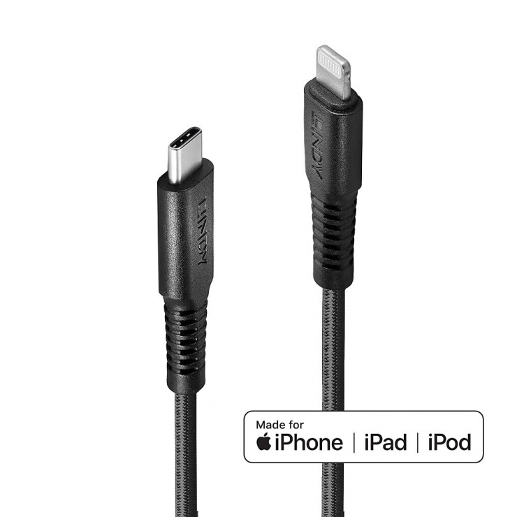 Imagine Cablu USB type C la Lightning Quick Charge MFI T-T 3m Rezistent, Lindy L31288